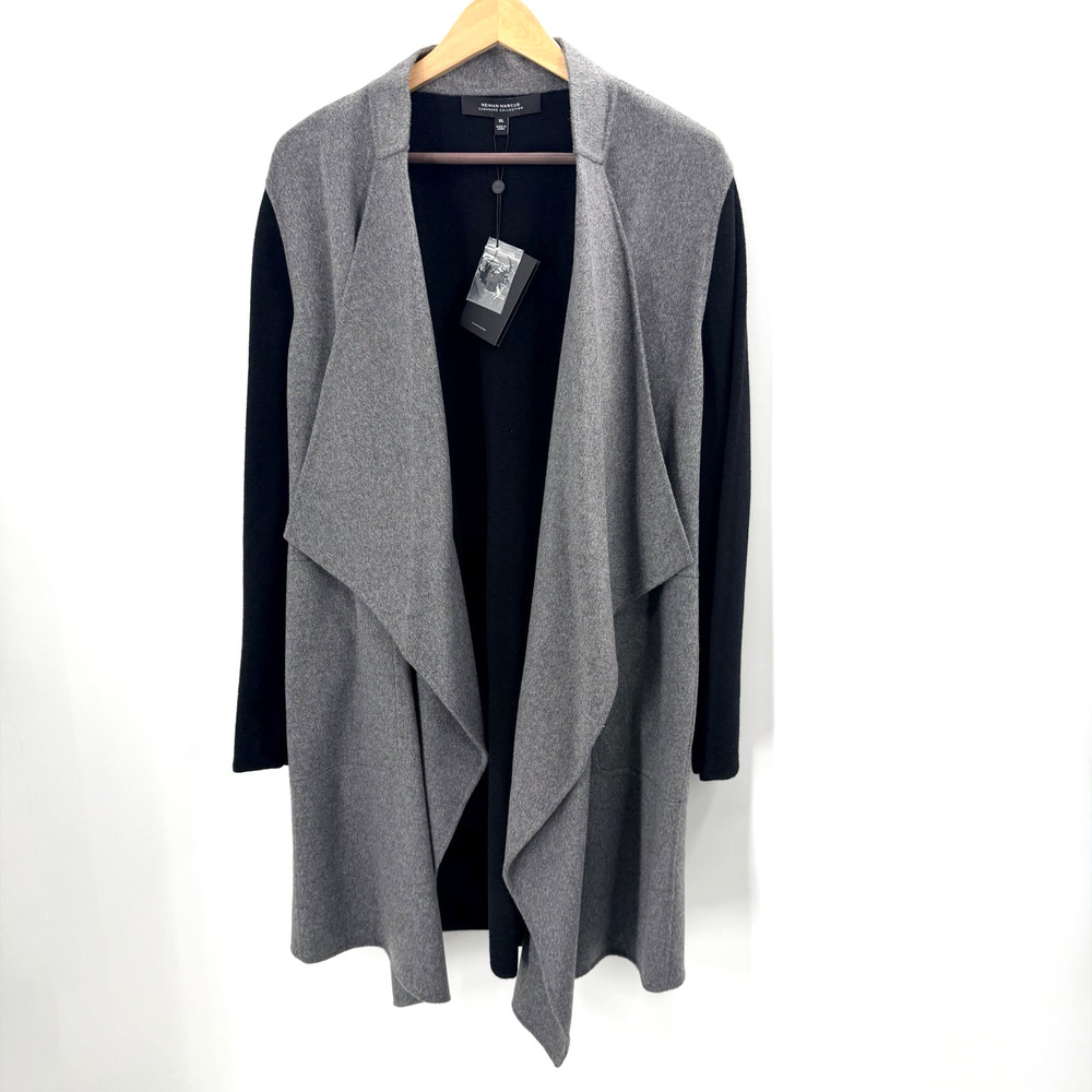 Neiman Marcus Black Gray Cashmere Waterfall Cardigan Sweater Womens XL